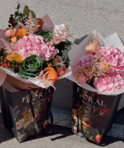Floral Bouquets in decorative black bags with flower print