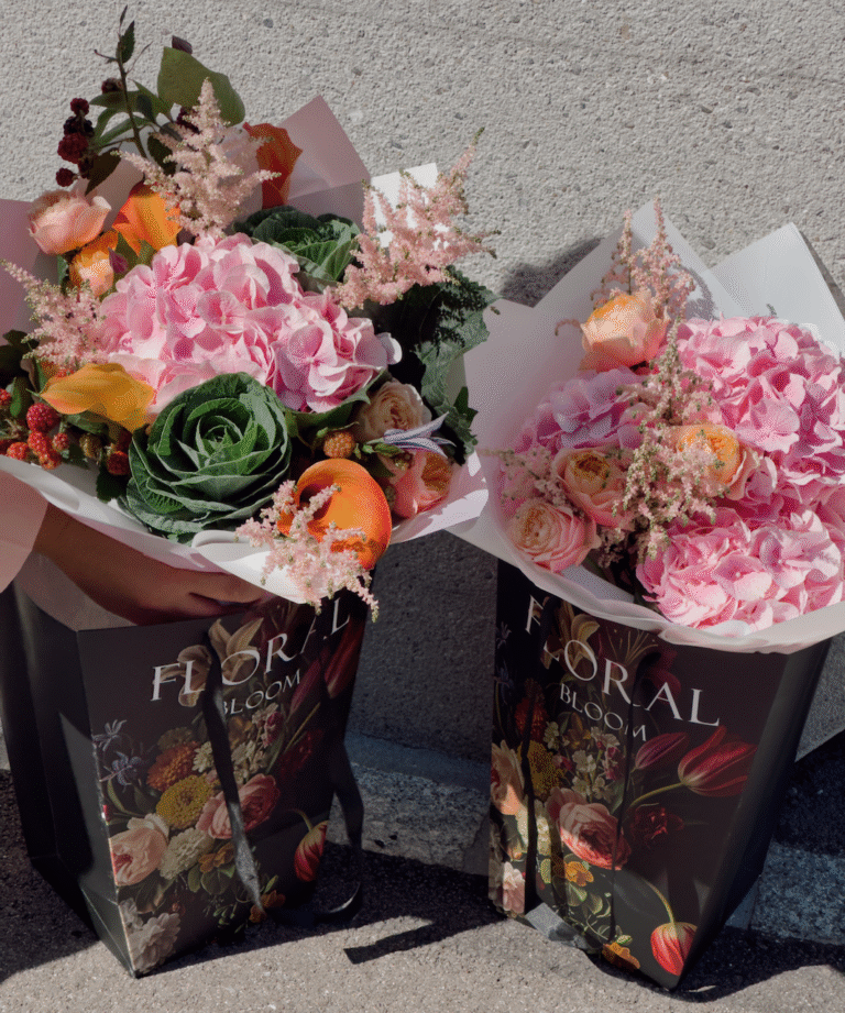 Floral Bouquets in decorative black bags with flower print